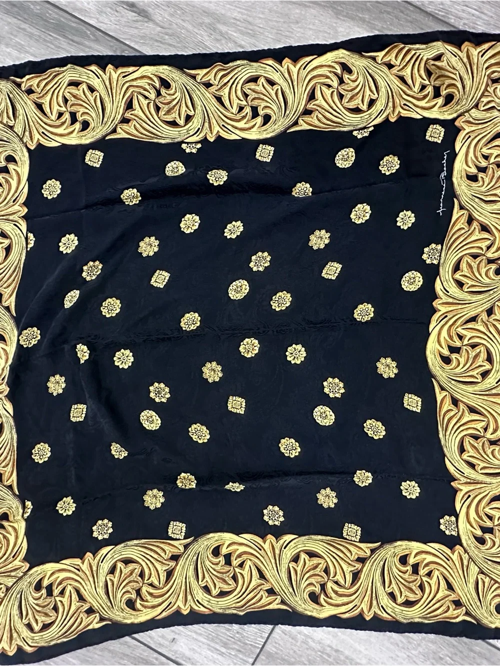 Vintage Jeannene Booher for Maggy London Black Gold 100% Silk Square Scarf